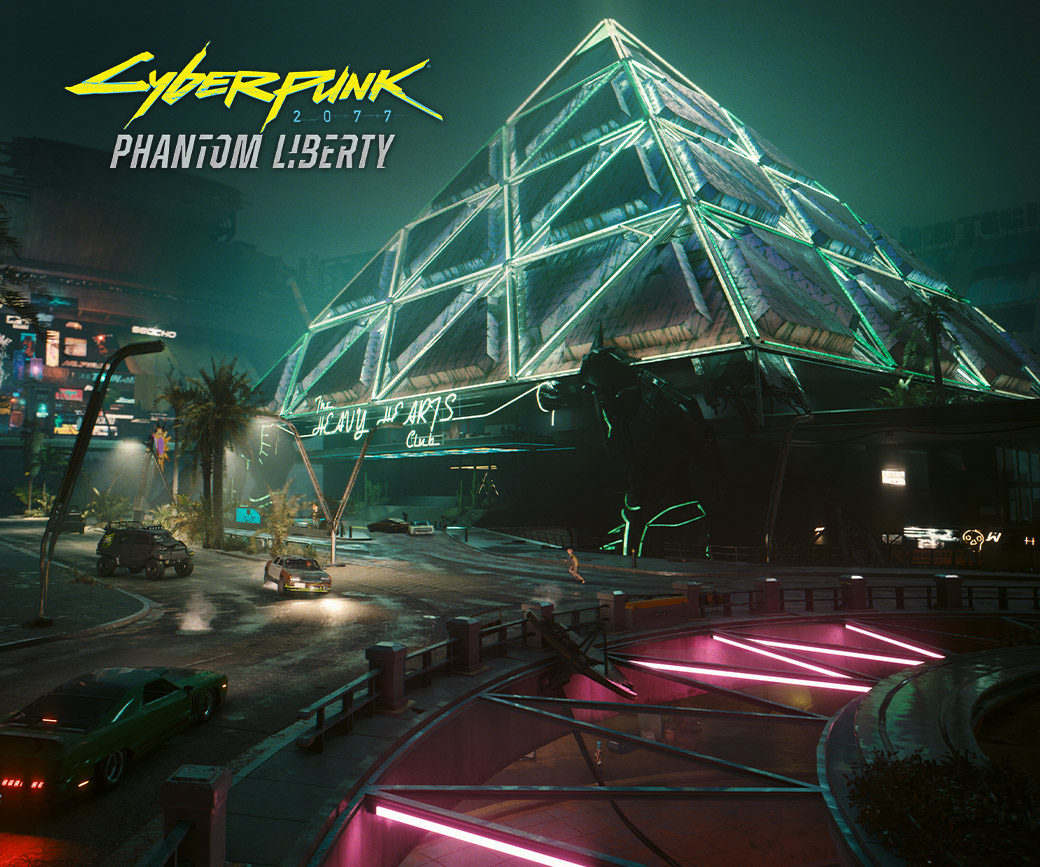 Cyberpunk 2077: Phantom Liberty, neon lights line a large pyramid building in Night City