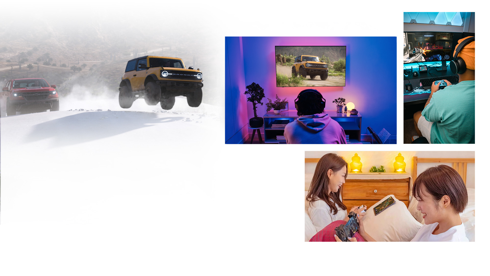 People gaming on devices including a Surface laptop, an Xbox Series S, a tablet and a phone.