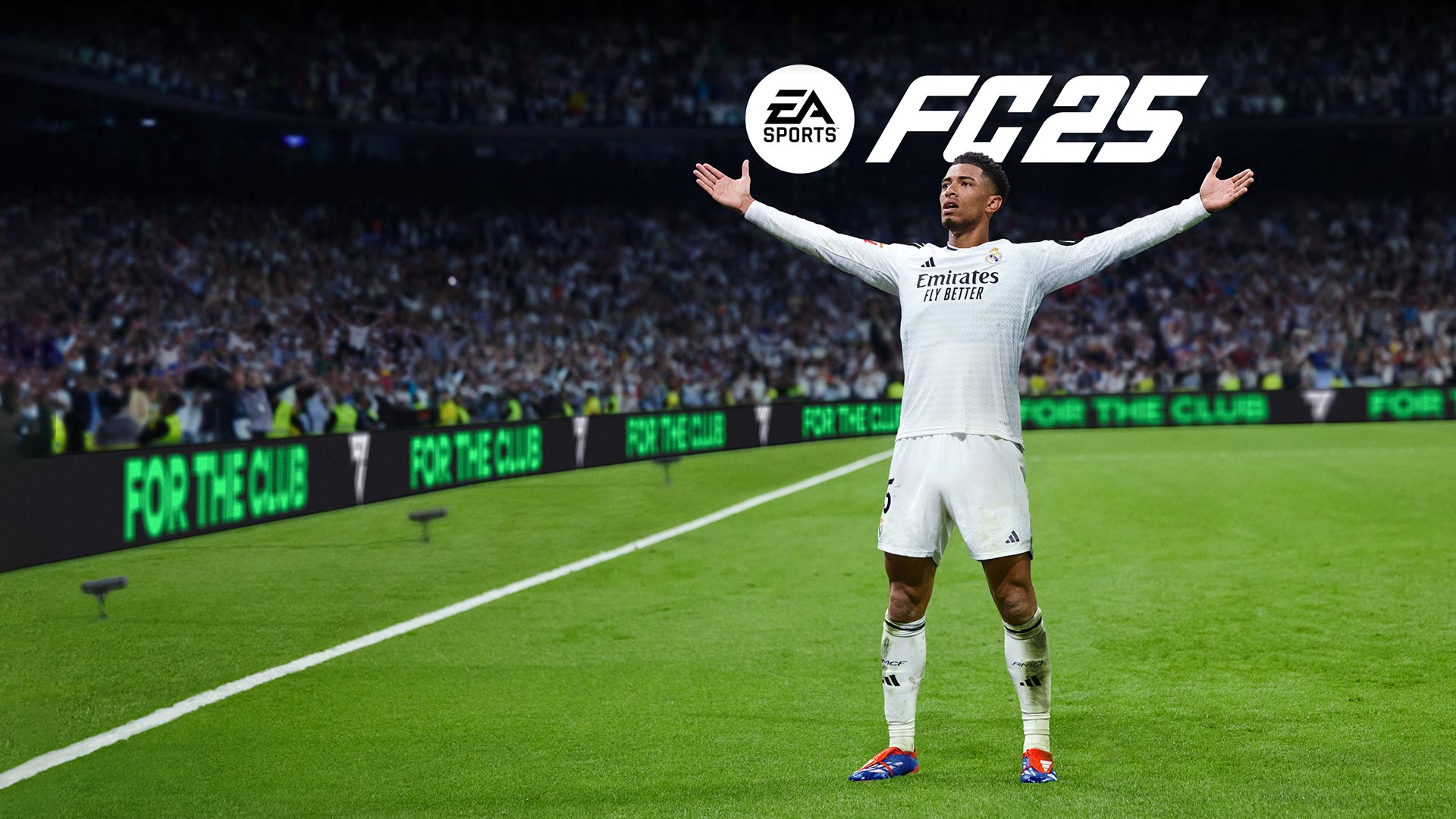 EA Sports FC 25 logo, a soccer player standing on the field in front of a large crowd with his arms held out.
